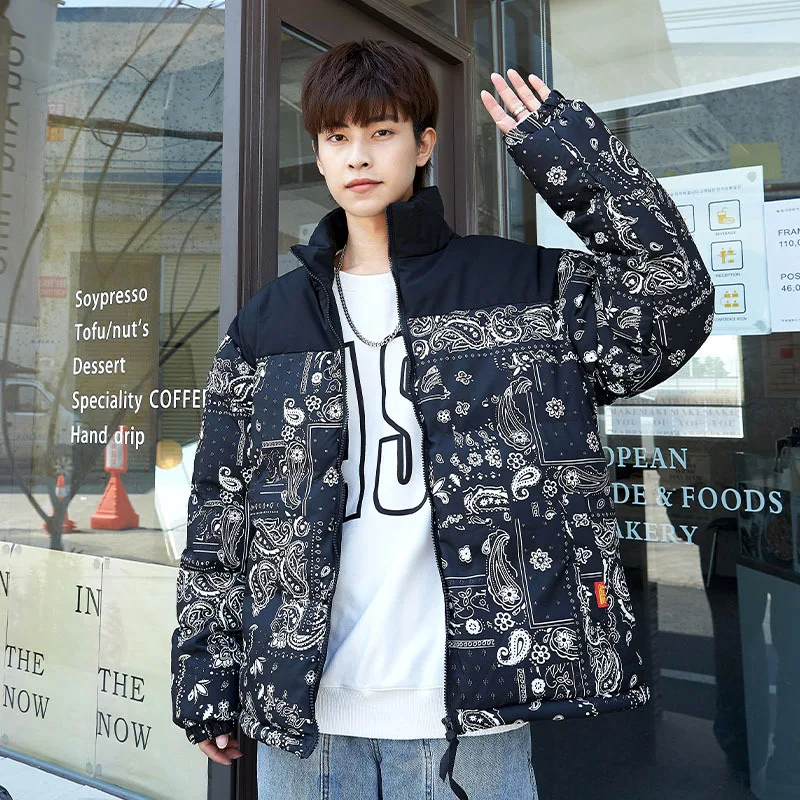 Cashew Flower Stitching Winter Jacket Men's Fashion Thicken Short Warm Jacket Trend All-match Cotton Jacket Mens Winter Clothing