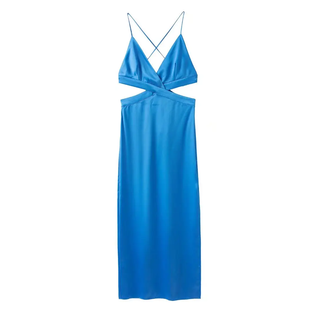 2022 Women Fashion Blue Cut Out Slip Dress V-neckline Slit Summer Midi Dress Female Chic Lady Elegant Sexy Party Camisole Robe