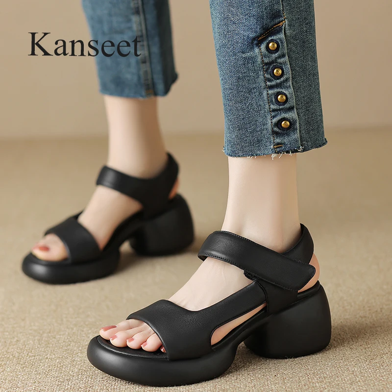 

Сандалии Kanseet женские на платформе, мягкие босоножки из натуральной кожи с открытым носком, удобные туфли на толстом высоком каблуке, ручная работа, лето 2023