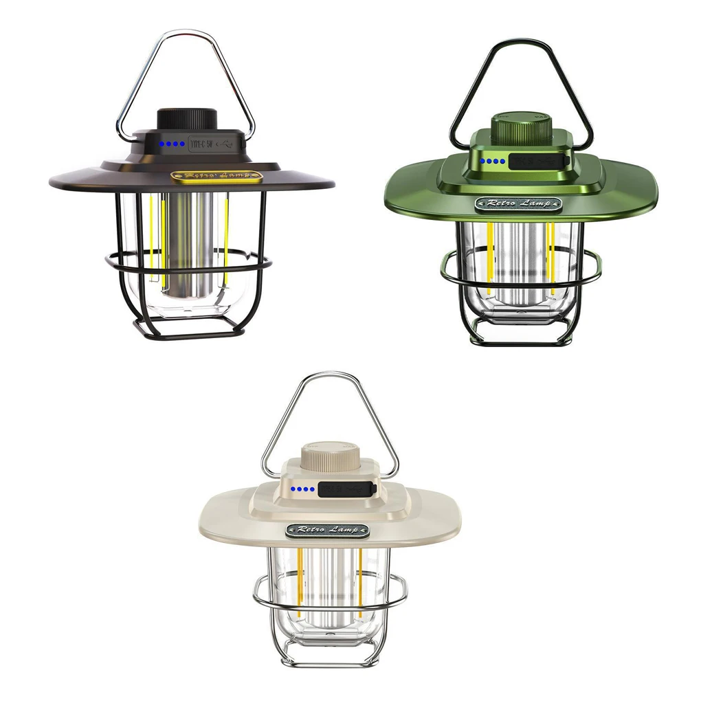 

Retro Camping Lantern Tent Lighting LED Hanging Hook Light Flashlight Travel Power Type-c Outdoor Decoration Green