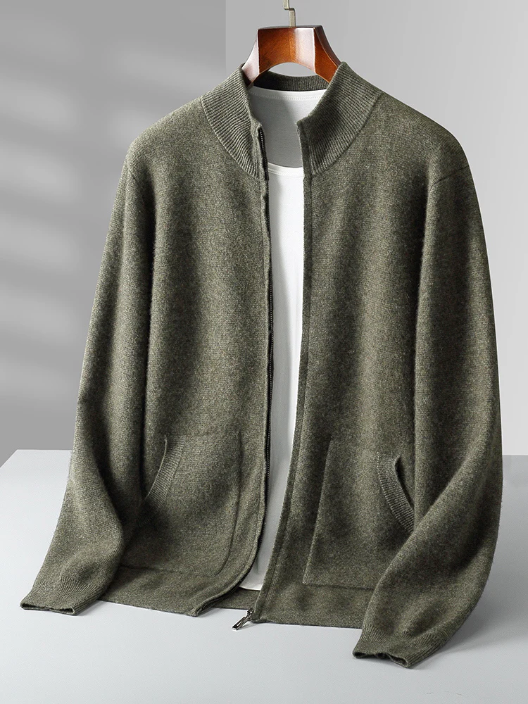 Осенне-зимний мужской кардиган на молнии трикотажный свитер из 100% мериносовой