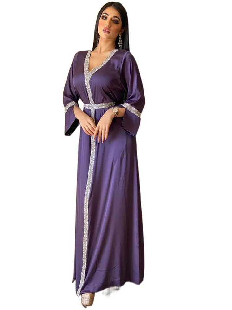 Satin Maxi Dress For Women Turkey Arabic Diamond V Neck Long Sleeve Jalabiya Muslim Islamic Ethnic Dubai Abaya Party Robe New