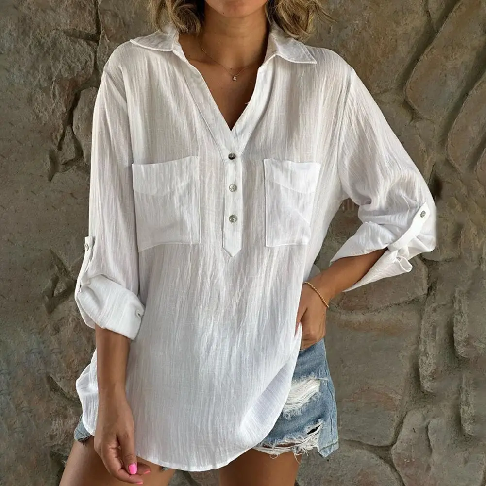 

Ladies Shirt Versatile V-neck Shirts Chic Spring Autumn Wardrobe with Buttoned Half Placket Patch Pockets for A Loose