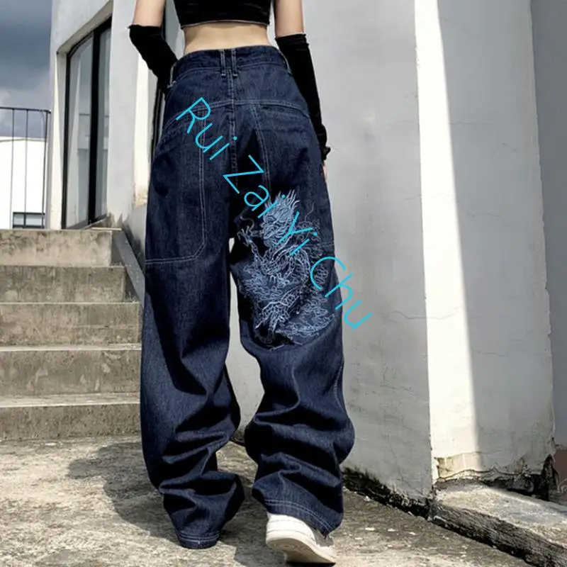 Embroidered Straight Jeans Women Y2K New Hip Hop Joker High Waist Wide Leg Pants Casual Trend Jeans American Retro Street Loose