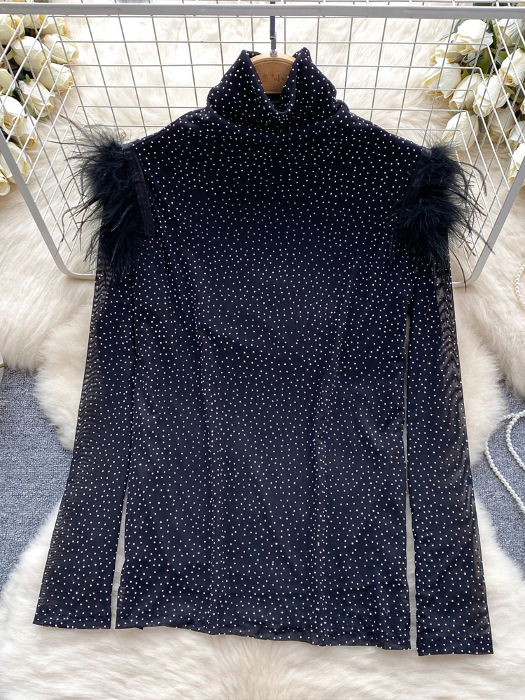 Женская Сетчатая футболка-стрейч с высоким воротником