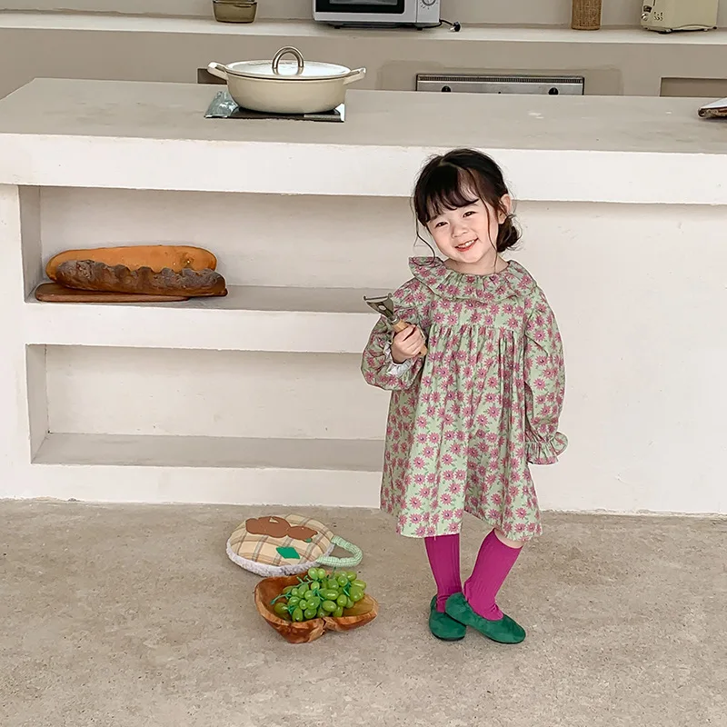 

Korea Girl Clothes Ruffle Dress 2022 Autumn Fashion New Girl Baby Lapel Long Sleeve Dress Floral Princess Dress