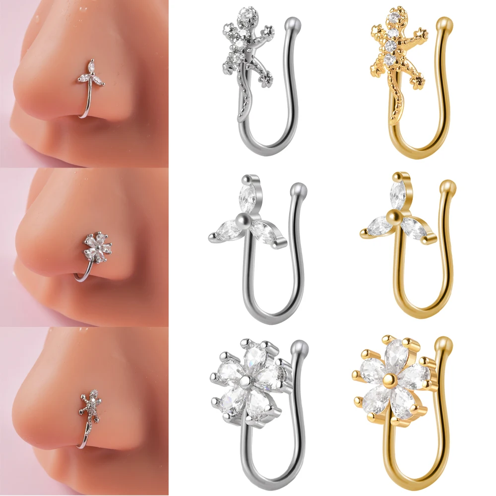 

1PC 316L Surgical Steel Lizard Flowers Nose Ring Hoop Non Piercing Nose Pin Cuffs CZ Body Fake Piercing Jewelry
