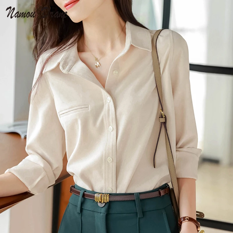 

Casual Chic Turn-down Collar Women Blouse 2022 Spring Ladies Tops Long Sleeve Single-breasted Loose Thick Female Shirts