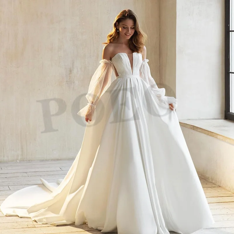 

Женское атласное свадебное платье It's yiiya, белое винтажное платье-трапеция без бретелек в горошек с пышными рукавами на лето 2019
