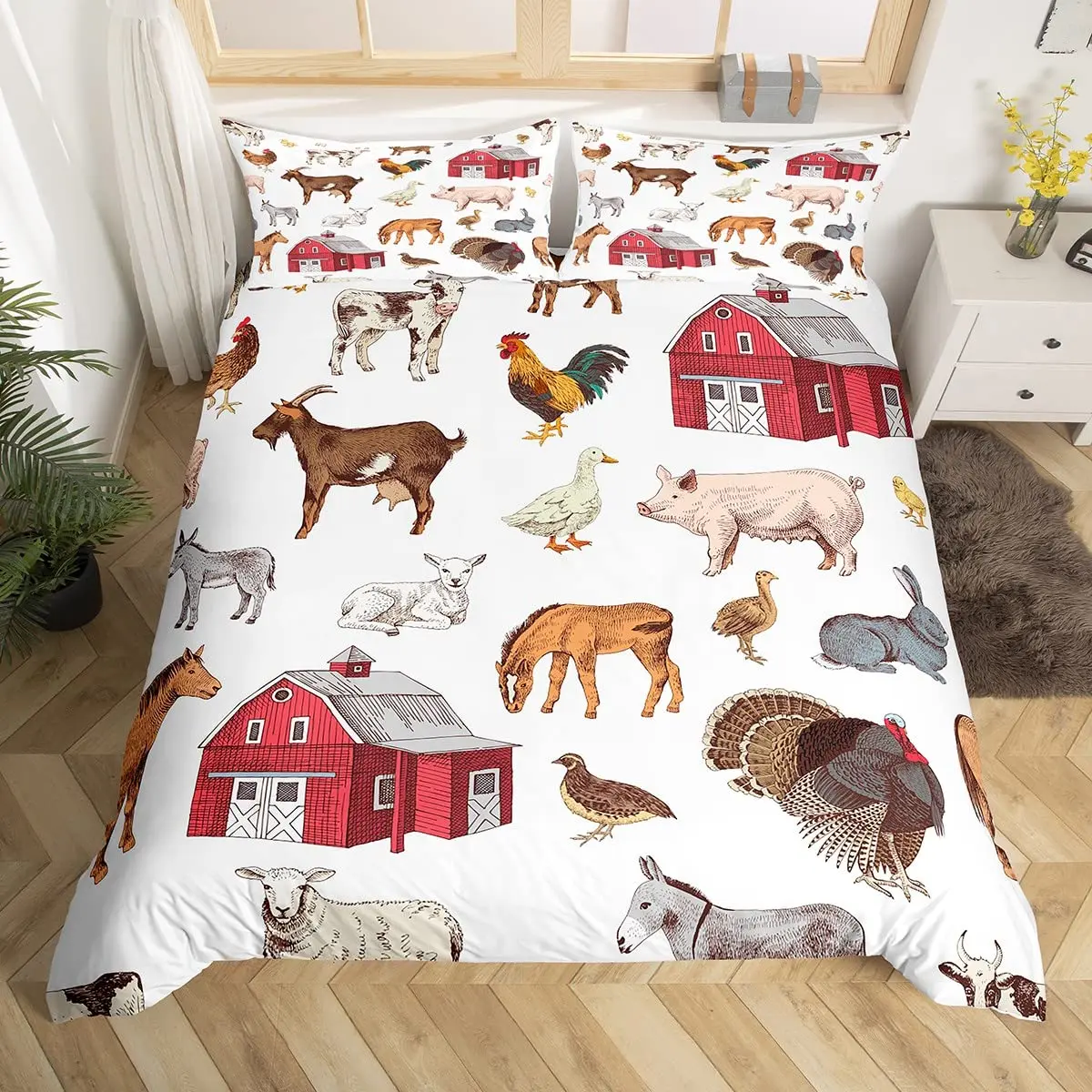 Farm Animals King Queen Duvet Cover Rooster Sheep Pig Cow Bedding Set Farmhouse Country Comforter Cover Polyester Quilt Cover