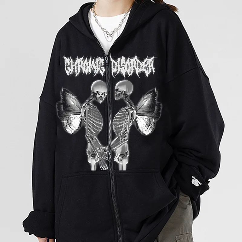 Gothic Women Hoodeies Winged Skull Print Women Sweatshirts Zip Pocke Hoodie Autumn Winter Hip Hop Streetwear Men Y2K Jacket