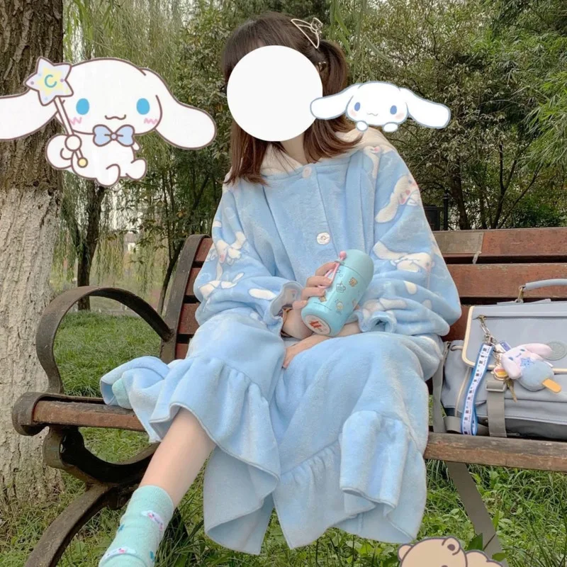 

Sanrio Cinnamoroll Girl Plush Cartoon Pajamas Winter Extra Thick Coral Fleece Home Clothing Nightdress Holiday Gift For Girl