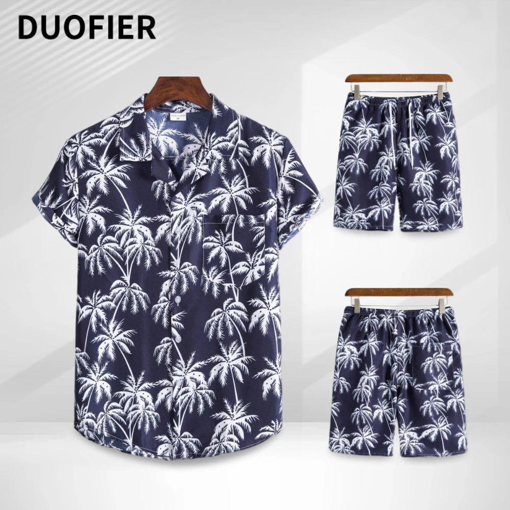 

New Summer Fashion Men's Set Hawaiian Beach Casual Short Sleeve Print Shirt + Shorts 2 Piece Suits Camisetas Ropa Hombre EU Size