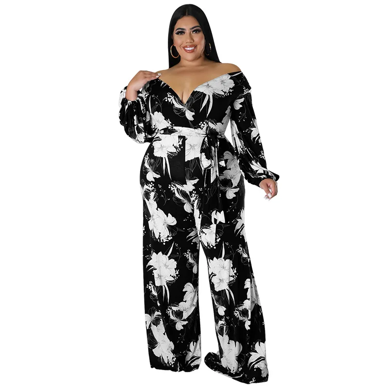 Plus Size Jumpsuits Jumpsuits for Women 2022 Elegant Print V-Neck Lace Up Long Sleeve Straight One Pieces Office Lady Autumn