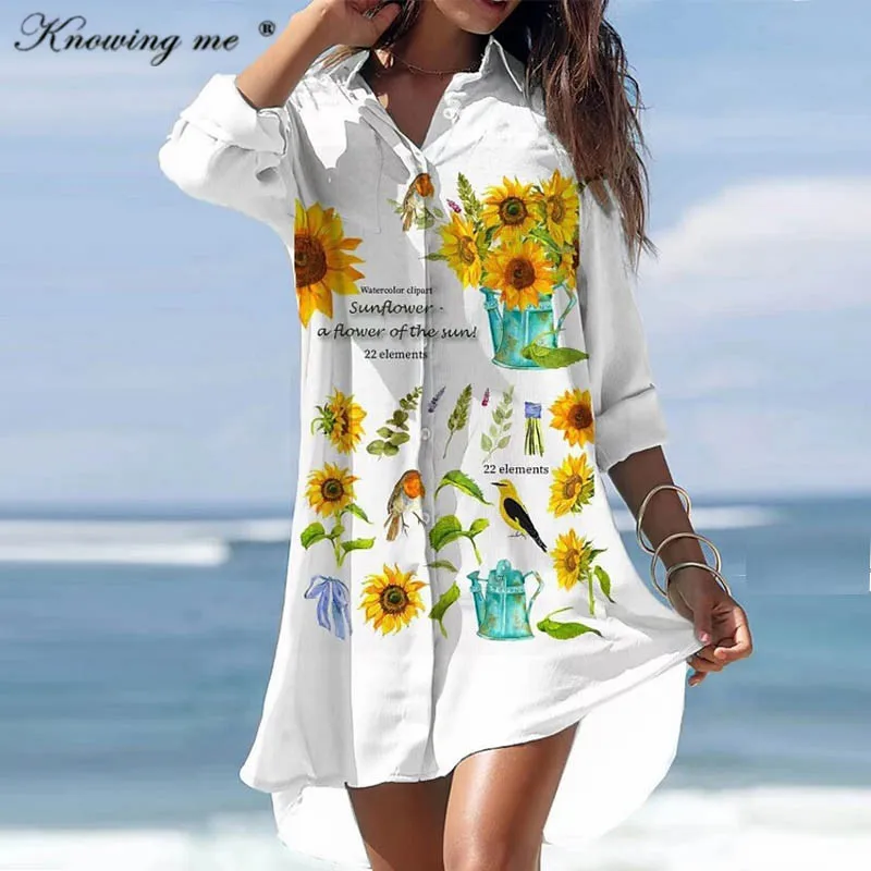 

Женская Длинная блузка с цветочным принтом, элегантная летняя блузка на пуговицах с отложным воротником, Офисная Повседневная Свободная бл...