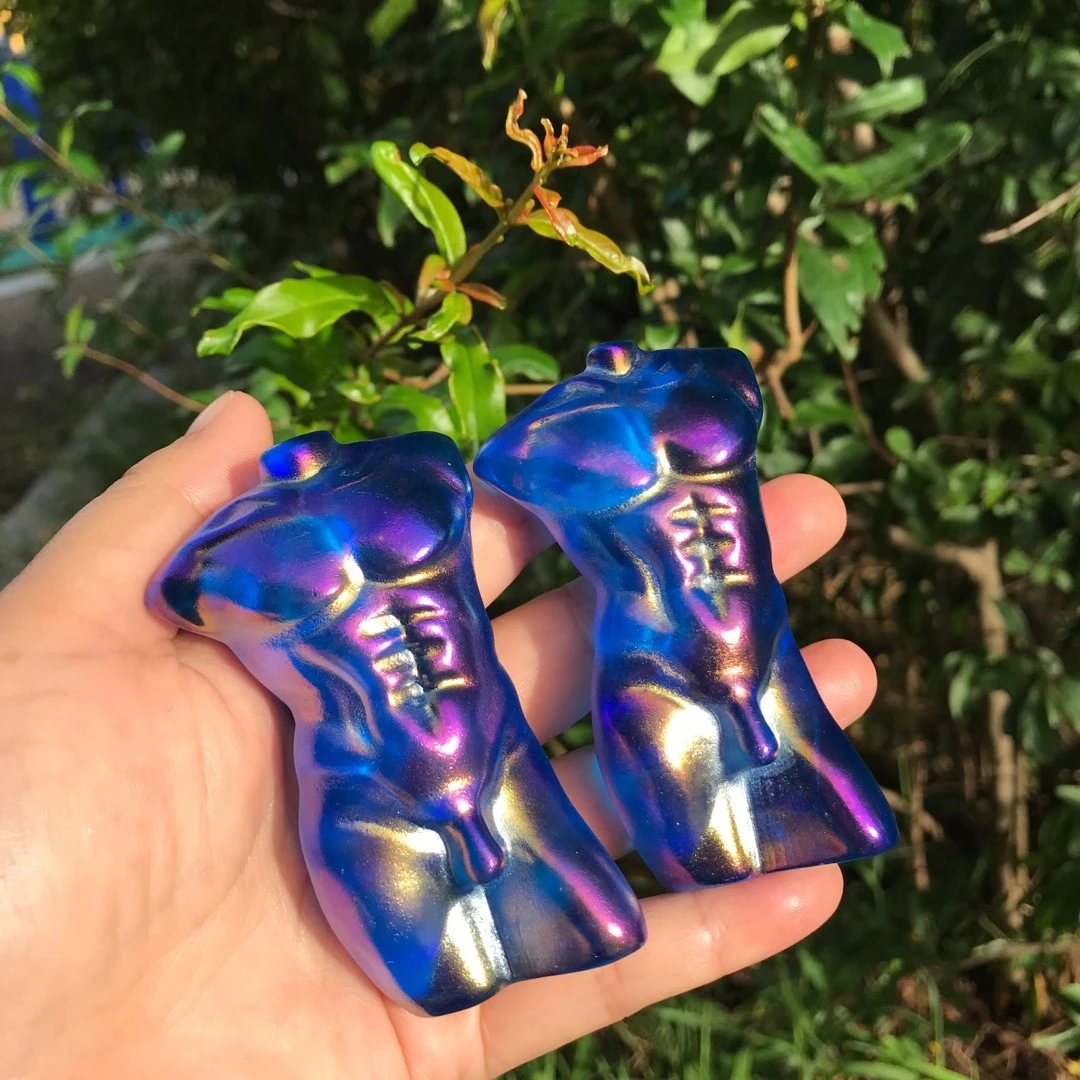 Natural obsidian crystal quartz hand carved Electroplated blue halo cute cartoon sexy male models craft home decor - Цена: 21.16
