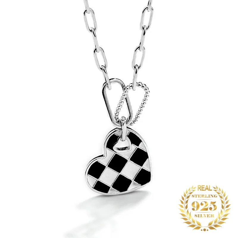 

Women Silver 925 Real Necklace Chokers Paper Clip Chain Black White Chessboard Enamel Heart Shape Pendant Necklaces For Women