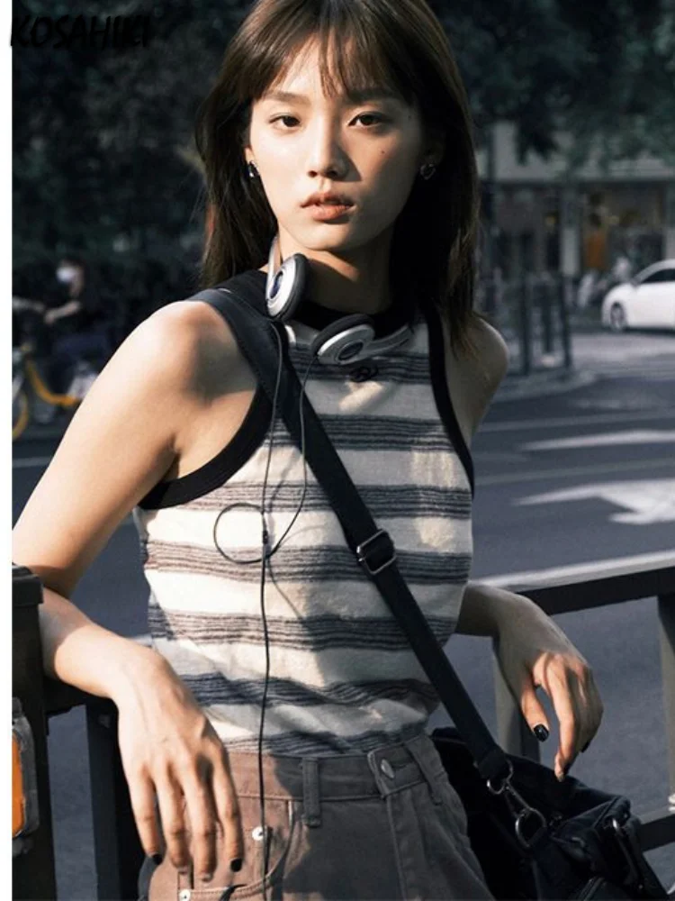 

2023 Summer Y2k Aesthetic Japanese Crop Top Harajuku Vintage Striped Slim Tank Top Streetwear Embroidery Sleeveless O Neck Tees