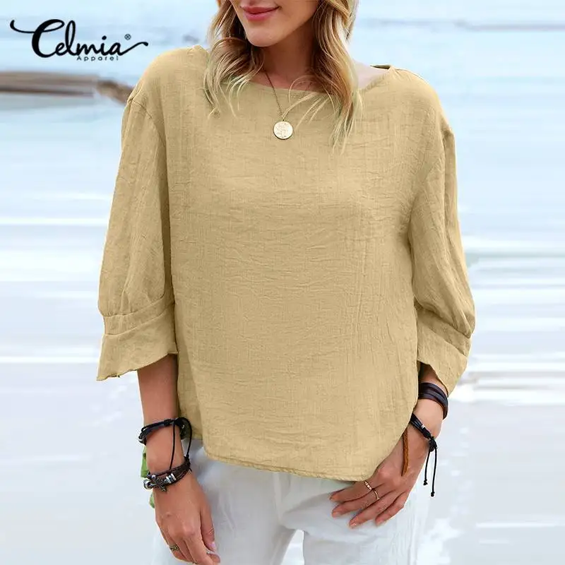 

Celmia Women Cotton Blouses 2022 Summer Casual Asymmetrical Hem Tunic Leisure 3/4 Sleeve Top Ladies O Neck Splicing cuffs Blusas