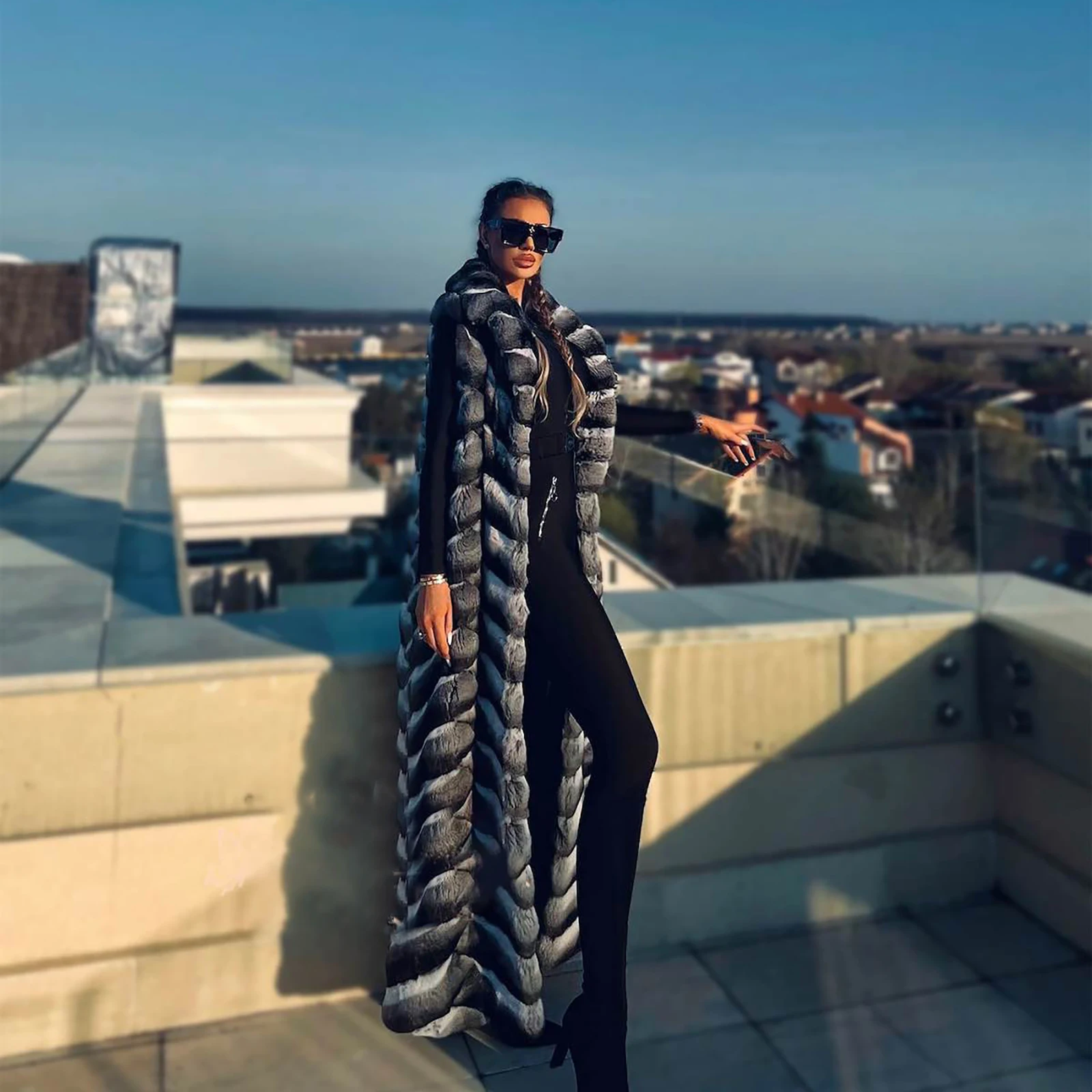 Женский зимний длинный жилет из натурального меха кролика рекс без рукавов с