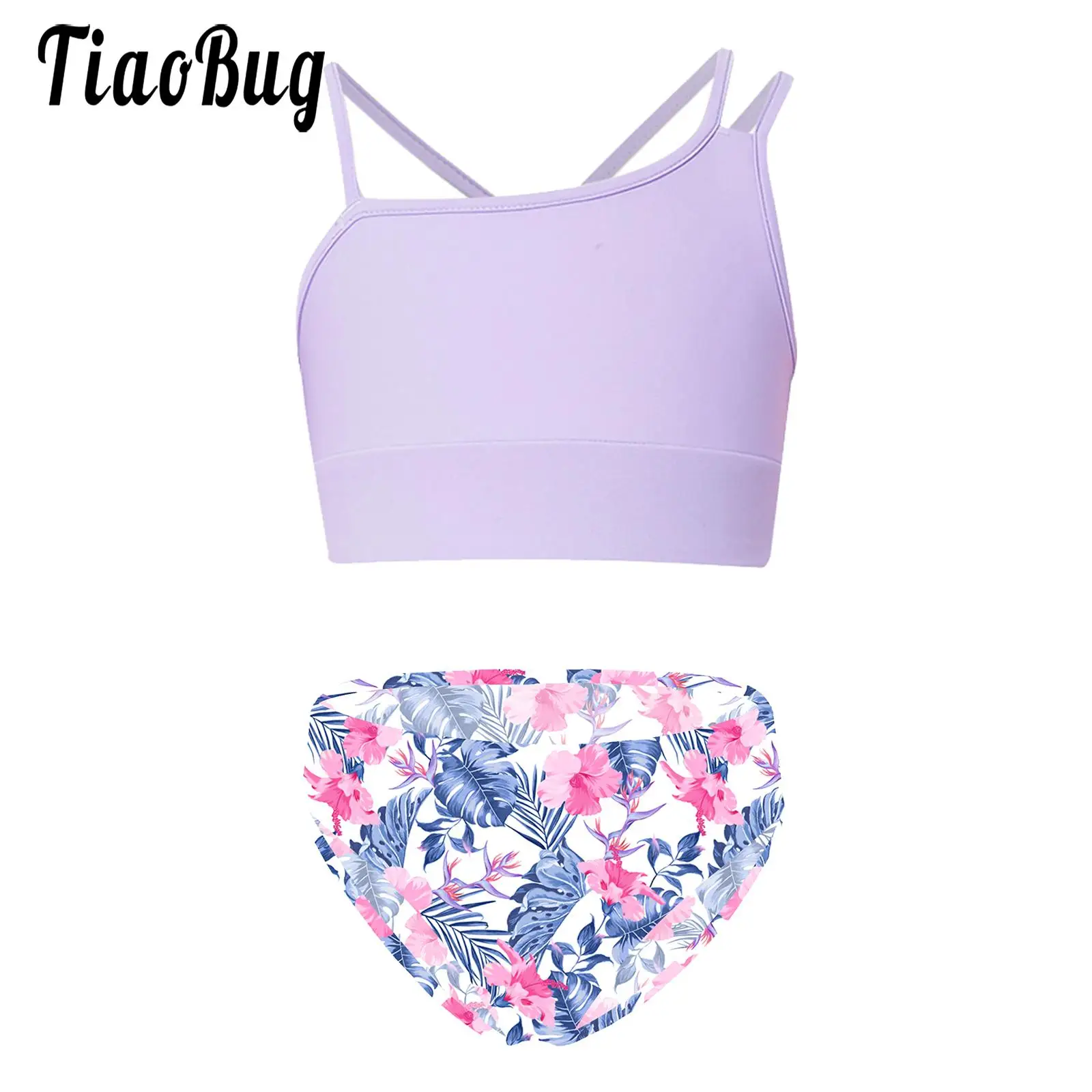 

Kids Girls Swimsuits Swimming Outfits 2Pcs Spaghetti Shoulder Straps Vest Crop Tops with Bikini Briefs Children Sports Swimwear