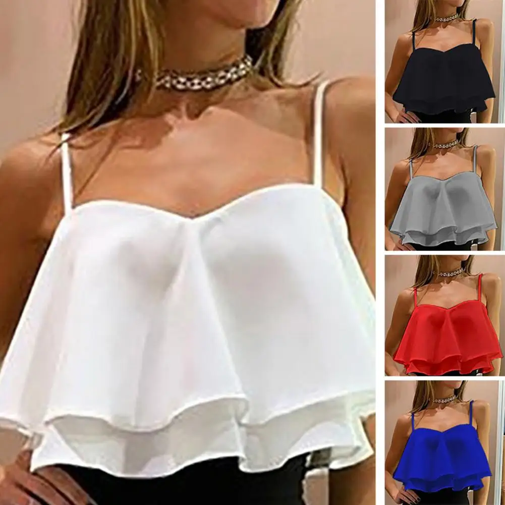 

Sexy Sleeveless Pleated Ruffle Crop Tanks For Women Trendy Double Layer Chiffon Blouse T-shirt Crop Tanks For Women Plus Size