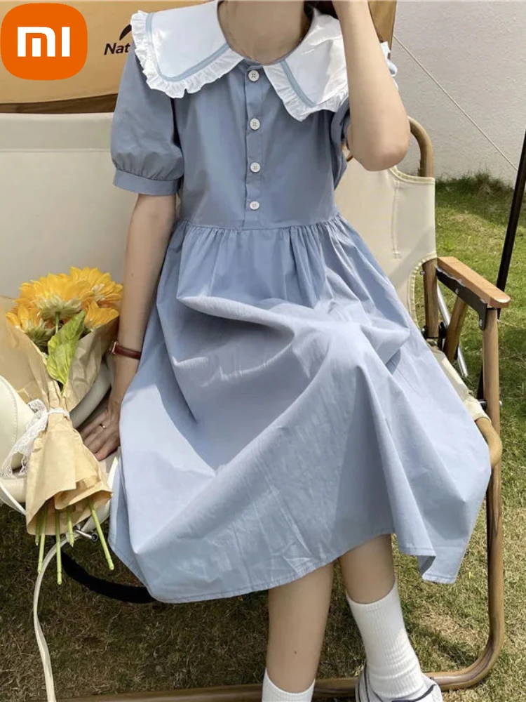 

Xiaomi Kawaii Dress Women 2022 Summer Preppy Style Short Sleeve Midi Dresses Ruffle Patchwork Puff Sleeve Sweet Female Sundress