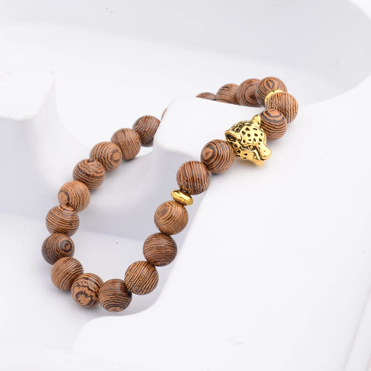 Trend Vintage Gold Plated Leopard Head Beaded Wooden Buddha Beads Elastic Rope Bracelet For Couples Jewelry Accessories