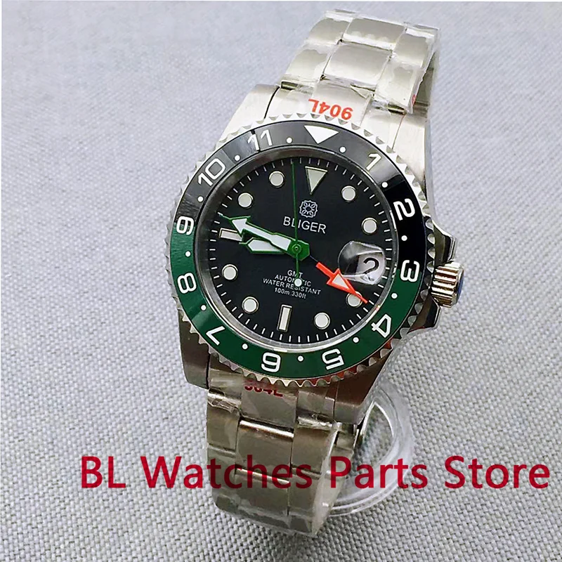 Мужские часы BLIGER серебристого цвета с черным циферблатом 40 мм NH34A(GMT) DG3804(GMT)