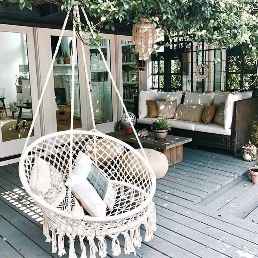 

AUGIENB Hammock Chair Macrame Swing, Handmade Knitted Hanging Cotton Rope Chair Indoor/Outdoor Home Patio Deck Yard Garden Read