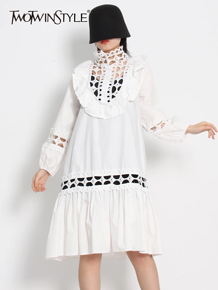 

TWOTWINSTYLE Casual Mini Dress For Women Stand Collar Long Sleeve High Waist Cut Out Solid Dresses Female Spring Clothing Style