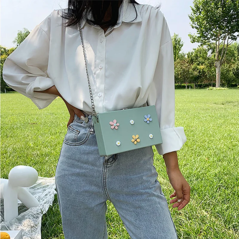 

Xiuya Kawaii Messenger Bag Autumn Cute Flower Splice Korea Style Crossbody Bag for Women All-match PU Leather Chain Ladies Purse