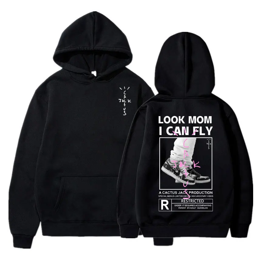 Classic Black White LOOK MOM I CAN FLY Streetwear Logo Print Hoodie Tops Fashion Men Women Fleece Cactus Jack Hoodies Sweatshirt