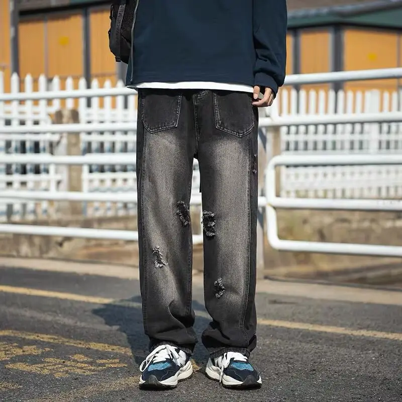 DEEPTOWN Vintage Ripped Jeans Men Retro Fashion Hole Denim Pants Hip Hop Punk Trousers Male Streetwear Loose Casual Straight 3XL