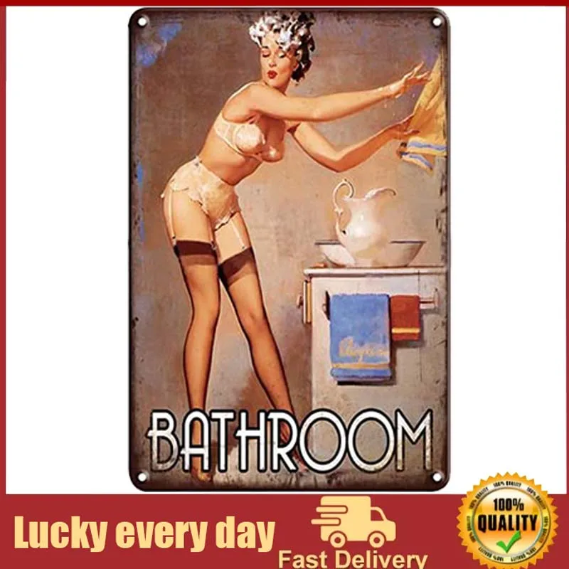 

Vintage Metal Tin Wall Sign Plague Poster, Bathroom Sexy Pinup Girl Pattern Wall Decor Art Tin Sign for Cafe Bar Pub Beer