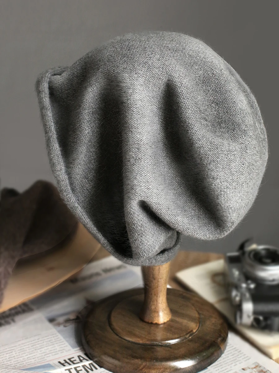 Wool Knitted Cap Roll Edge Loose Cold Cap Big Head Circumference Autumn and Winter Cashmere Wool Cap Hip-hop Pullover Cap