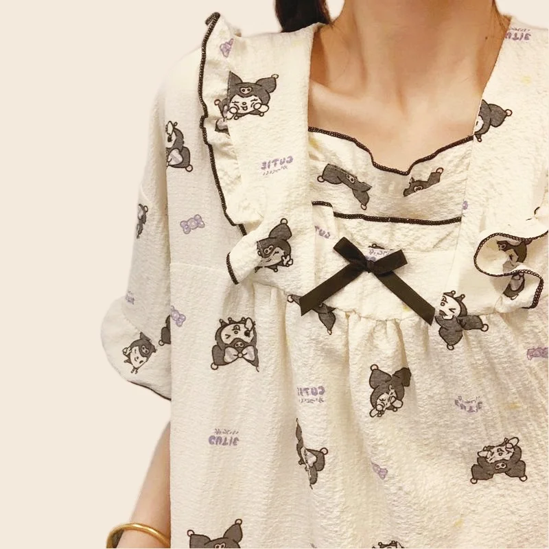 Cute Pajamas Set Short Sleeve T-shirt Shorts 2Piece/Set Sweet Cartoon Print Bow Pyjama Big Size Mom Homewear Cozy Plus Sleepwear