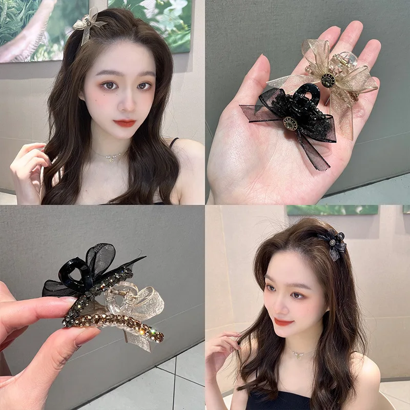 

AB Double sided Diamond Mesh Bow Knot Small Grip Clip Side bangs Broken Hair Clip Headwear High Horsetail Hair Clip