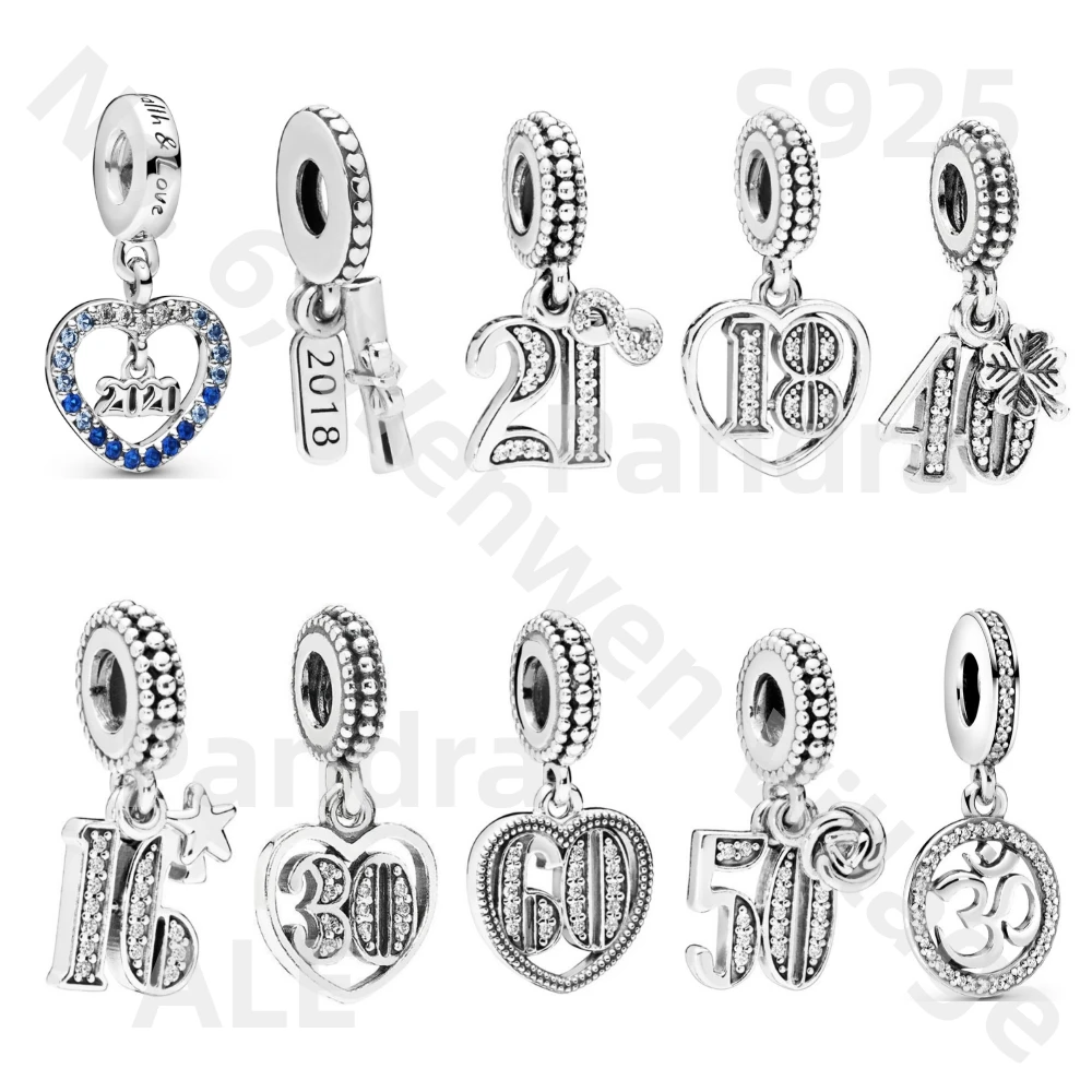 

Юбилейные юбилейные бусины, серебро 925, номер 16, 18, 21, 30, 40, 50, 60, подходят для Pandora, Оригинальные подарки для браслета