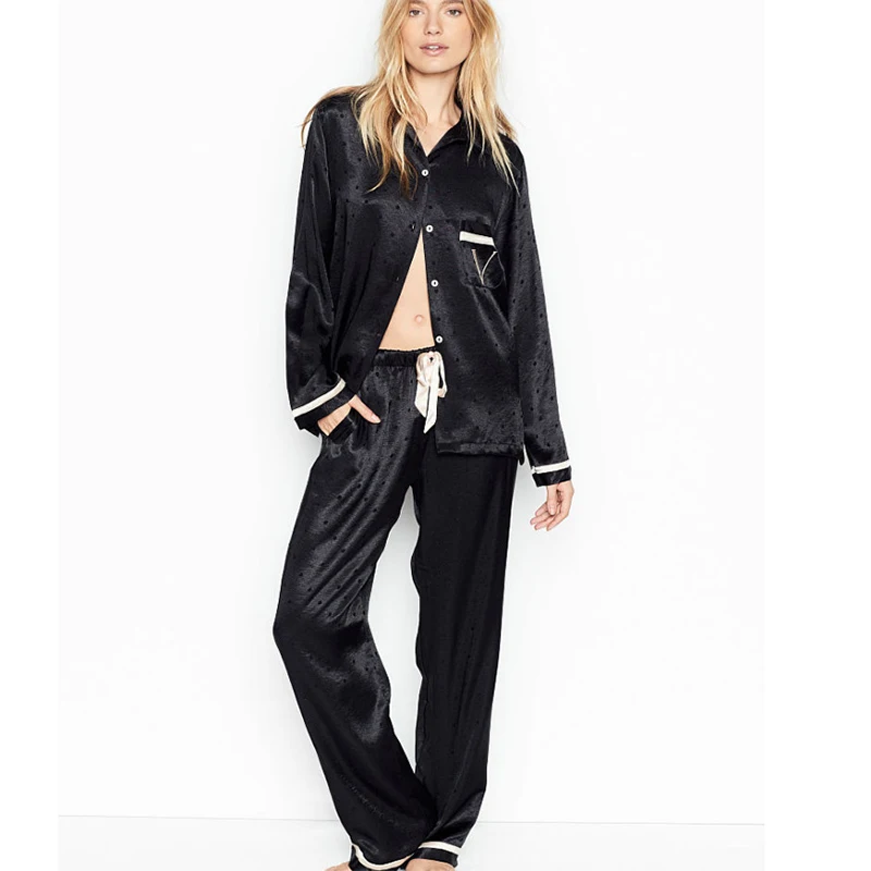 Пижама женская атласная длинная из шелка с V-образным вырезом 2 шт./комплект |