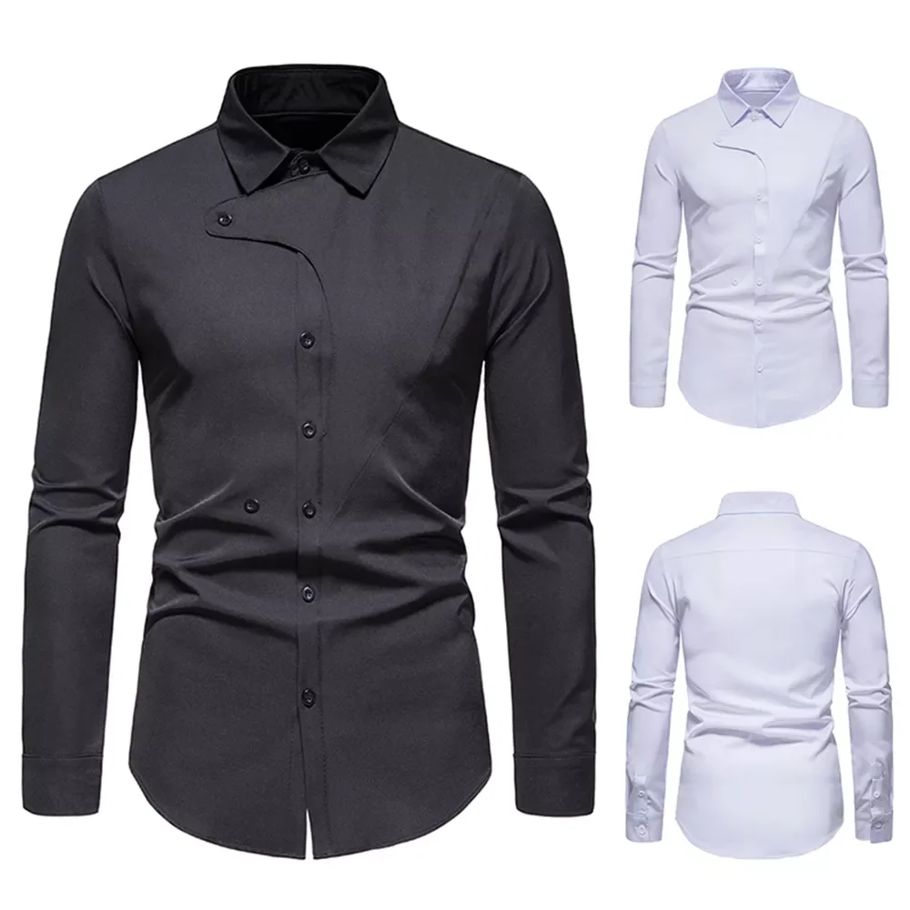 

US Size Men's Spring New Oblique Button Irregular Henry Collar Business Casual Long Sleeve Shirt Dress Shirt