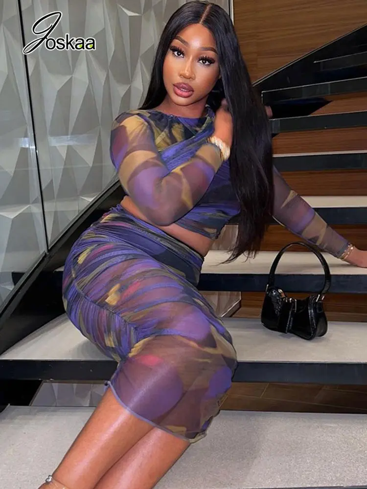 

Joskaa Print Mesh See Through Two Piece Set Women Sexy O-neck Long Sleeve Crop Top and Folds Long Skirt Matching 2023 Streetwear