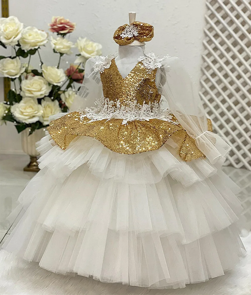 

Gold Sequins Flower Girl Dress Puffy Little Princess Dress Girl Wedding Party Gowns First Communion Dress for Girls