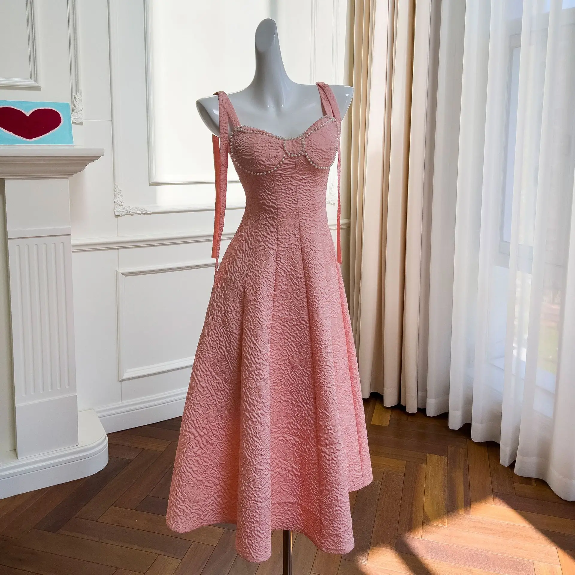 

Женское жаккардовое платье принцессы, розовое коктейльное платье с жемчужным бантом на бретельках, милые летние платья для девушек, 2023