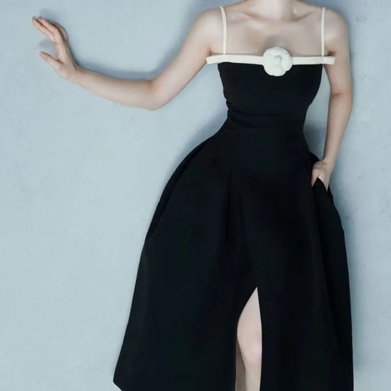 

Summer Cami Dresses for Women 2022 Sexy Split Thigh Halter Partywear Plain Midi Dress Vintage Flower Decoration Lady Clothing H