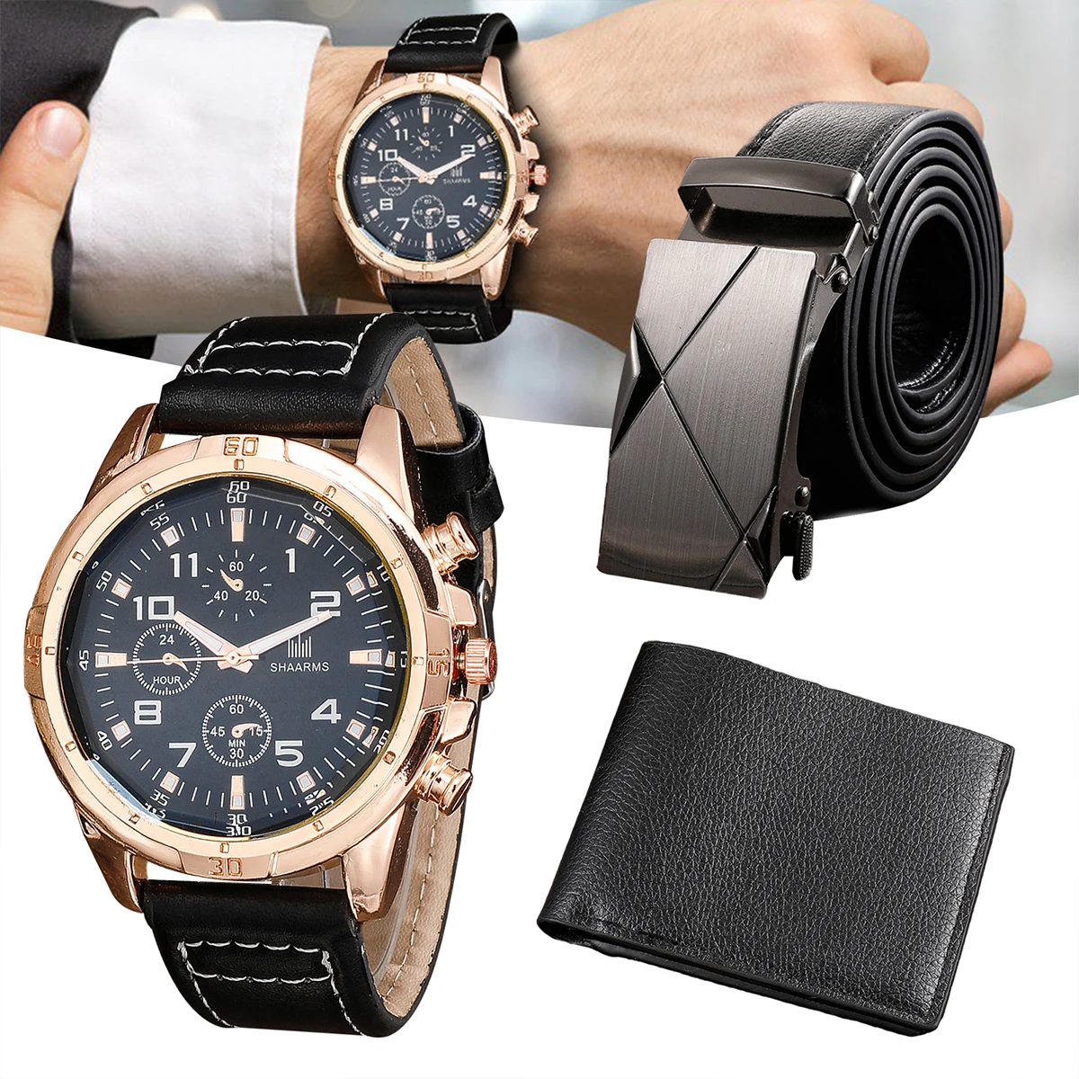 

Men's Watch+Wallet+Belt Set Male's Gift for Father's Day Birthday Gift 3pcs/set Good-looking PU Strap for Dad Boyfriend MAZI888