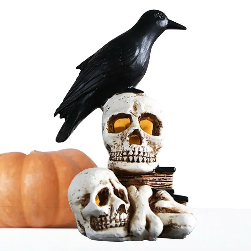 

Украшение в виде черепа на Хэллоуин, Ворон на Хэллоуин, украшение с искусственными лампочками, готический домашний декор, статуя из смолы для столешницы, дома