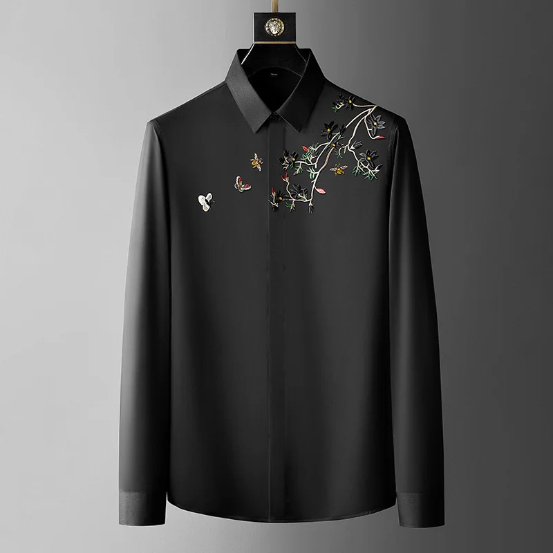 

Floral Embroidery Shirts Men Business Casual Long Sleeve Shirt Slim Formal Dress Tops Social Party Male Clothes Chemise Homme