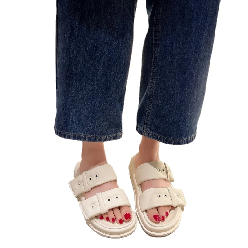 

Летние Новые Круглые Кожаные удобные тапочки для женщин, простая уличная обувь на плоской толстой подошве, 2023