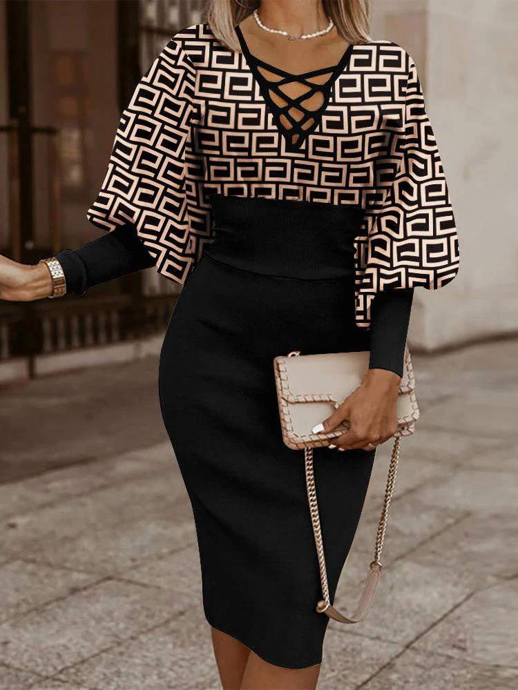 

Women Elegant Office Lady Bodycon Midi Dress Women Autumn Winte Sexy V-neck Long Sleeve Print High Waist Slim Pencil Dresses
